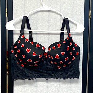 Daisy Fuentes Lace Long Line Hearts on Black Padded Underwire Bra Black Red 38DD
